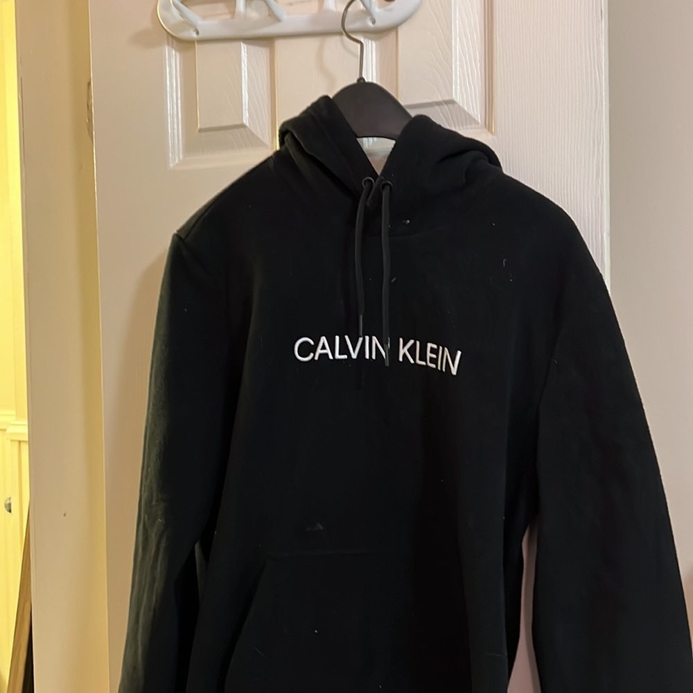 CALVIN KLEIN, Mens Medium, LOGO POLAR FLEECE POPOVER SWEATER, Black
